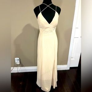 W.TOO nude bridesmaid dress with slit and crisscross strap detail